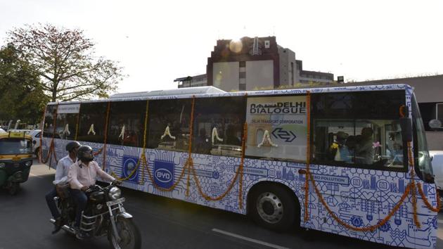 A 2016 file photo of a DTC electric bus under the Delhi government’s ministry of transport. (Virendra Singh Gosain/ Hindustan Times) A 2016 file photo of a DTC electric bus under the Delhi government’s ministry of transport. (Virendra Singh Gosain/ Hindustan Times)