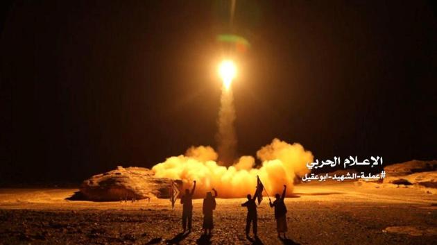 A photo distributed by the Houthi Military Media Unit shows the launch by Houthi forces of a ballistic missile aimed at Saudi Arabia March 25, 2018. (Reuters File)