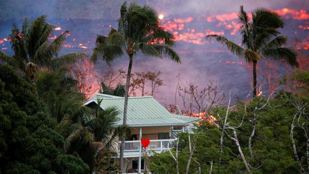 Lava flows near a house on the outskirts of Pahoa. The lava haze, or “laze,” extended as far as 24 kilometers west of where the lava gushed into the ocean on Big Island’s southern coast. (Terray Sylvester / REUTERS) Lava flows near a house on the outskirts of Pahoa. The lava haze, or “laze,” extended as far as 24 kilometers west of where the lava gushed into the ocean on Big Island’s southern coast. (Terray Sylvester / REUTERS)