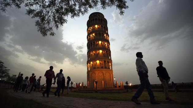 The Leaning Tower of Pisa stands on firmer ground, at least here in Kota. The park was also constructed as an attraction for the 1.25 lakh students who land up in the city every year for coaching and their families. (Raj K Raj / HT Photo) The Leaning Tower of Pisa stands on firmer ground, at least here in Kota. The park was also constructed as an attraction for the 1.25 lakh students who land up in the city every year for coaching and their families. (Raj K Raj / HT Photo)