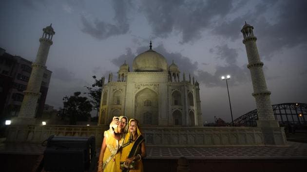 Women take a picture in front of the Taj Mahal, but instead of Agra, this one is in Kota, Rajasthan. Famous as the coaching hub of the country, Kota also claims one of the state’s major tourist attractions. Situated on the banks of Kishore Sagar Lake, the Seven Wonders Park packs a world tour in an evening stroll. (Raj K Raj / HT Photo) Women take a picture in front of the Taj Mahal, but instead of Agra, this one is in Kota, Rajasthan. Famous as the coaching hub of the country, Kota also claims one of the state’s major tourist attractions. Situated on the banks of Kishore Sagar Lake, the Seven Wonders Park packs a world tour in an evening stroll. (Raj K Raj / HT Photo)