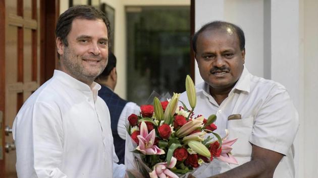 Congress president Rahul Gandhi and Karnataka chief minister-designate HD Kumaraswamy during a meeting at latter's residence, in New Delhi, on Monday. (PTI) Congress president Rahul Gandhi and Karnataka chief minister-designate HD Kumaraswamy during a meeting at latter's residence, in New Delhi, on Monday. (PTI)