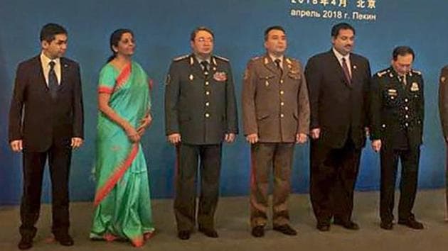 Defence minister Nirmala Sitharaman with her counterparts from other member states at the Shanghai Cooperation Organisation's defence ministers' meeting in Beijing recently.(PTI/File Photo)