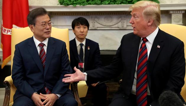 South Korean President Moon Jae-in (left), who met Donald Trump in Washington, urged him not to let a rare opportunity for a summit with the reclusive North get away.(Reuters) South Korean President Moon Jae-in (left), who met Donald Trump in Washington, urged him not to let a rare opportunity for a summit with the reclusive North get away.(Reuters)