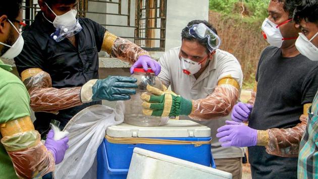 Animal Husbandry department and forest officials collect bats from a well of a house after the outbreak of Nipah virus, near Perambra in Kozhikode on Monday.(PTI)