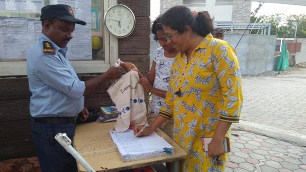 Irene Towers, Aloma County, Aundh, Pune has 15 cloth bags and these are kept with the security guard of the society. (HT PHOTO) Irene Towers, Aloma County, Aundh, Pune has 15 cloth bags and these are kept with the security guard of the society. (HT PHOTO)