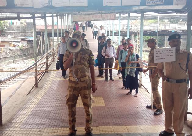 A mock drill underway at Currey Road station on Wednesday.(Kunal Patil/HT Photo)