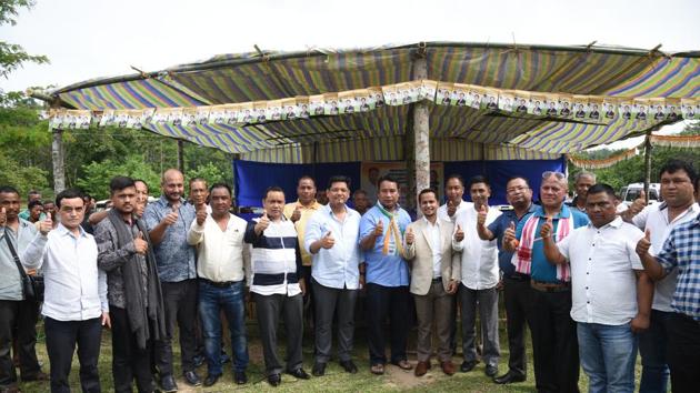 NPP candidate Clement G Momin accompanied by Chief Minister Conrad Sangma’s coalition ministers and leaders at an election rally.(HT Photo)