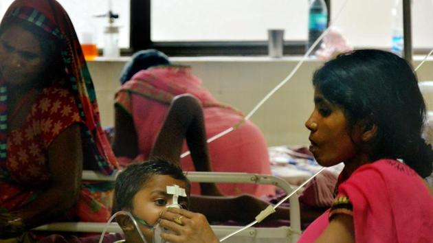 Children receive treatment in the Encephalitis Ward at the Baba Raghav Das Medical College Hospital where over 60 children died in Gorakhpur district in August, 2017.(PTI Photo)