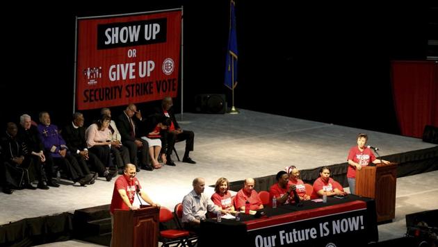 Culinary Union leaders wrap up a vote on whether to authorize a strike Tuesday, May 22, 2018, in Las Vegas. A potential strike would affect 34 casino-hotels. The last strike, in 1984, spanned 67 days and cost the city and workers tens of millions of dollars. (AP) Culinary Union leaders wrap up a vote on whether to authorize a strike Tuesday, May 22, 2018, in Las Vegas. A potential strike would affect 34 casino-hotels. The last strike, in 1984, spanned 67 days and cost the city and workers tens of millions of dollars. (AP)