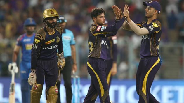 Kuldeep Yadav (C)celebrates after taking the wicket of Rajasthan Royals skipper Ajinkya Rahane. (BCCI) 