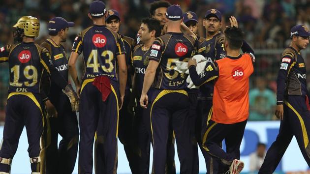 KKR cricketers celebrate after their win over RR in the Indian Premier League Eliminator at the Eden Gardens in Kolkata on Wednesday.  Follow highlights of Kolkata Knight Riders vs Rajasthan Royals, IPL 2018 eliminator here. (BCCI)