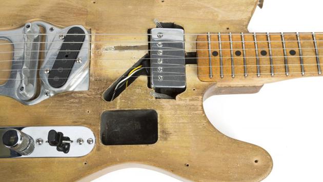 A close-up of the same guitar used also Robbie Robertson of Dylan’s backing group ‘The Band’ at Woodstock and Isle of Wight. The Fender Telecaster was used for iconic recordings like “Blonde on Blonde,” “The Basement Tapes” and was featured on Robertson’s guitar work on the Band’s debut album “Music from Big Pink.” The guitar sold for $490,000 in May 2018 by Julien’s Auction. (Julien’s Auctions)