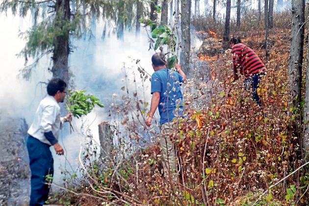 People try to extinguish a forest fire in Pauri district.(HT Photo)