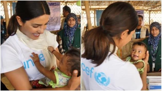 Priyanka Chopra with an 8-month old baby in a Rohingya refugee camp in Bangladesh.(Instagram)