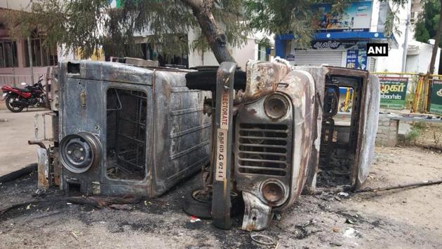 A vehicle set ablaze during anti- Sterlite Protests in Thoothukudi. (ANI Photo) A vehicle set ablaze during anti- Sterlite Protests in Thoothukudi. (ANI Photo)
