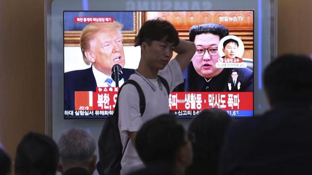 People watch a TV screen showing file footage of US President Donald Trump, left, and North Korean leader Kim Jong Un during a news program at the Seoul Railway Station in Seoul, South Korea on May 24. (AP Photo) People watch a TV screen showing file footage of US President Donald Trump, left, and North Korean leader Kim Jong Un during a news program at the Seoul Railway Station in Seoul, South Korea on May 24. (AP Photo)