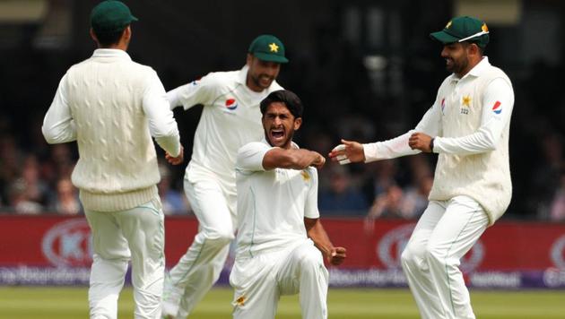 Hasan Ali celebrates the wicket of Joe Root on the opening day of the first Test between England and Pakistan at the Lord’s on Thursday.(REUTERS)