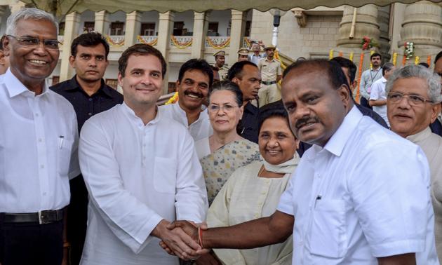 Karnataka chief minister HD Kumaraswamy (right) with AICC president Rahul Gandhi(second from left), Bengaluru, May 23, 2018 (PTI) Karnataka chief minister HD Kumaraswamy (right) with AICC president Rahul Gandhi(second from left), Bengaluru, May 23, 2018 (PTI)