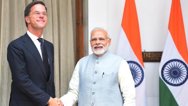 Prime Minister Narendra Modi greets his Dutch counterpart Mark Rutte at Hyderabad House in New Delhi. Prime Minister Modi today held wide-ranging talks with the Dutch Prime Minister, during which both sides decided to deepen engagement in a range of areas including trade, investment, energy and agriculture. (Mohd Zakir / HT Photo) Prime Minister Narendra Modi greets his Dutch counterpart Mark Rutte at Hyderabad House in New Delhi. Prime Minister Modi today held wide-ranging talks with the Dutch Prime Minister, during which both sides decided to deepen engagement in a range of areas including trade, investment, energy and agriculture. (Mohd Zakir / HT Photo)
