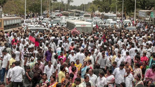 Members of DMK and other opposition parties clash with police during a protest outside the State Assembly in Chennai to express solidarity with the people of Tuticorin demanding the closure of Sterlite Copper Smelting Plant.(PTI Photo)