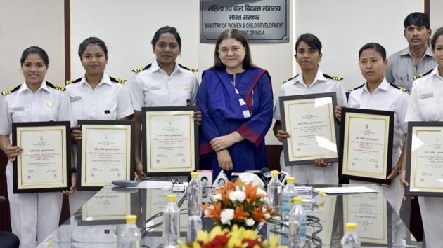 (L-R) Lt. Commander Pratibha Jamwal, Lt. Payal Gupta, Lt. Commander Patarlapalli Swathi, Minister for Women and Child Development Maneka Sanjay Gandhi, Lt. Commander Vartika Joshi, Lt. Shougrakpam Vijaya, Lt. Aishwarya Boddapati pose for a group photo after receiving the Nari Shakti Puraskar for successfully circumnavigating the globe aboard INSV Tarini, at Shastri Bhawan. (Sonu Mehta / HT Photo) (L-R) Lt. Commander Pratibha Jamwal, Lt. Payal Gupta, Lt. Commander Patarlapalli Swathi, Minister for Women and Child Development Maneka Sanjay Gandhi, Lt. Commander Vartika Joshi, Lt. Shougrakpam Vijaya, Lt. Aishwarya Boddapati pose for a group photo after receiving the Nari Shakti Puraskar for successfully circumnavigating the globe aboard INSV Tarini, at Shastri Bhawan. (Sonu Mehta / HT Photo)