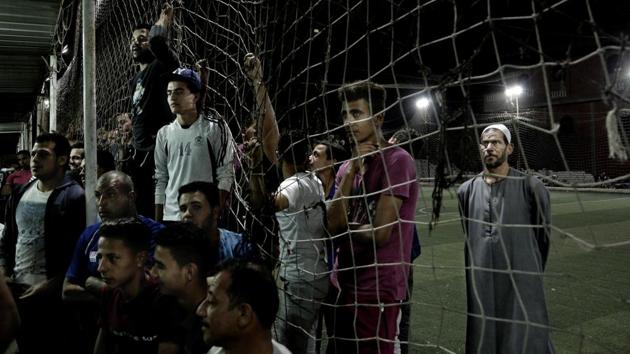 Men watch a Liverpool vs. Roma match in Nagrig. “Five or six years ago, only a few people in the village were interested in European football,” said Shady Dawoud, a distant Salah relative. “Now, almost the entire village, old and young alike, know about Liverpool and Roma as well as the schedule for Salah’s matches. So much has changed here because of Salah, may God protect him.” (Nariman El-Mofty / AP)