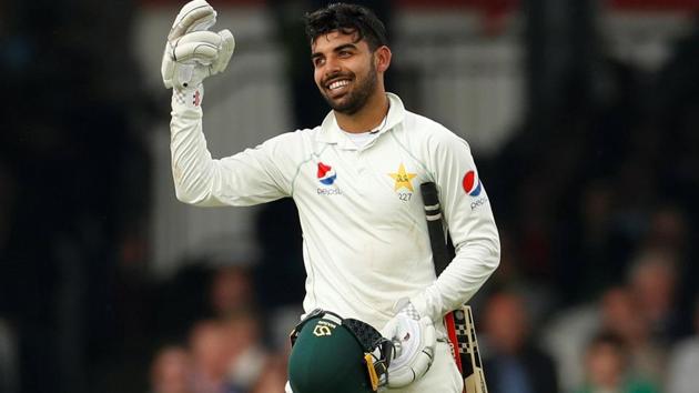 Shadab Khan celebrates his half century for Pakistan on Day 2 of their first Test against England. Follow full cricket score of England vs Pakistan, 1st Test, here.(REUTERS)