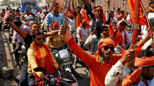Hindu Yuva Vahini members take part in a rally in UP’s Unnao in April 2017. The outfit froze its membership drive and dissolved the district units after receiving reports that office bearers were involved in unlawful activities.(Reuters File Photo) Hindu Yuva Vahini members take part in a rally in UP’s Unnao in April 2017. The outfit froze its membership drive and dissolved the district units after receiving reports that office bearers were involved in unlawful activities.(Reuters File Photo)