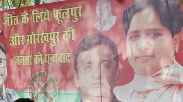 A poster is seen with BSP supremo Mayawati and SP chief Akhilesh Yadav, celebrating their recent win in Phulpur and Gorakhpur bypoll elections, outside SP office in Lucknow. (PTI File Photo) A poster is seen with BSP supremo Mayawati and SP chief Akhilesh Yadav, celebrating their recent win in Phulpur and Gorakhpur bypoll elections, outside SP office in Lucknow. (PTI File Photo)