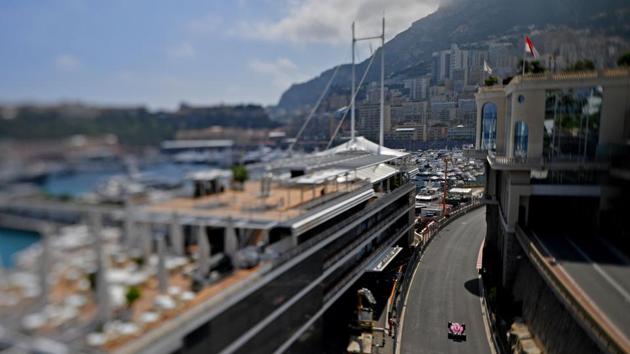 A tilt-shift lens image shows Force India's French driver Esteban Ocon driving during the second practice session at the Monaco street circuit in Monaco, ahead of the Monaco Formula 1 Grand Prix. (Andrej Isakovic / AFP)