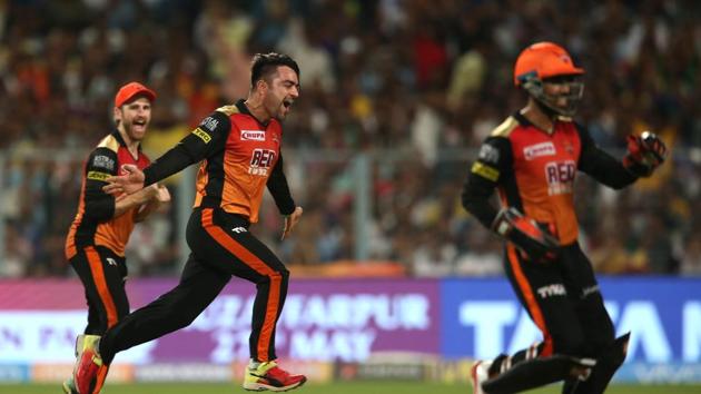 Rashid Khan celebrates the wicket of Andre Russell during the 2018 Indian Premier League Qualifier 2 match between Sunrisers Hyderabad and Kolkata Knight Riders at the Eden Gardens. Follow full cricket score of Sunrisers Hyderabad vs Kolkata Knight Riders, IPL 2018, Qualifier 2 here(BCCI)