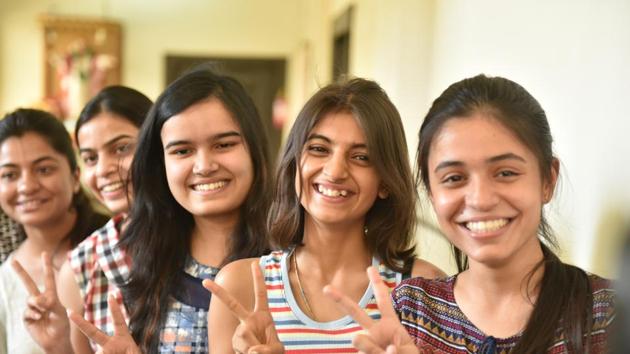 Meritorious students of St Joseph`s school celebrate their success in CBSE class12th exams in Bhopal, India, on Saturday, May 26.(Mujeeb Faruqui/HT Photo)