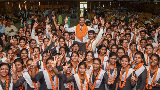Students celebrate their success after CBSE declared its Class 12th results in Lucknow on Saturday. (PTI Photo) Students celebrate their success after CBSE declared its Class 12th results in Lucknow on Saturday. (PTI Photo)