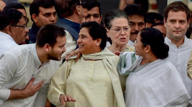 Opposition leaders during the swearing-in ceremony of JD(S)-Congress coalition Karnataka government in Bengaluru, on Wednesday. (PTI) Opposition leaders during the swearing-in ceremony of JD(S)-Congress coalition Karnataka government in Bengaluru, on Wednesday. (PTI)