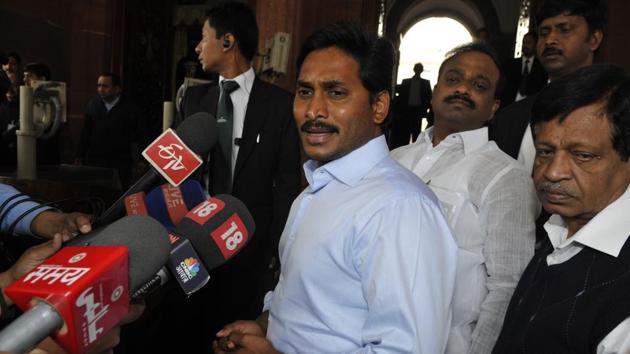 YSR Congress President YS Jaganmohan Reddy talking with media person after the bill for separate Telangana state passed in Lok Sabha at Parliament house in New Delhi. (HT File Photo) YSR Congress President YS Jaganmohan Reddy talking with media person after the bill for separate Telangana state passed in Lok Sabha at Parliament house in New Delhi. (HT File Photo)