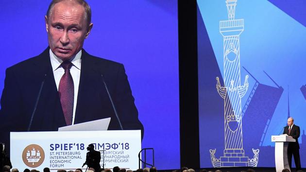 Russian President Vladimir Putin gives a speech at a session of the Saint Petersburg International Economic Forum on May 25, 2018 in Saint Petersburg. (AFP) Russian President Vladimir Putin gives a speech at a session of the Saint Petersburg International Economic Forum on May 25, 2018 in Saint Petersburg. (AFP)