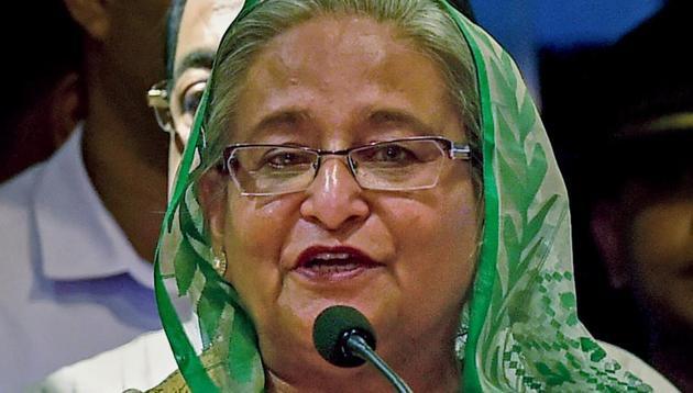 Bangladeshi Prime Minister Sheikh Hasina speaks during a visit at Netaji Bhawan in Kolkata on Saturday.(PTI)