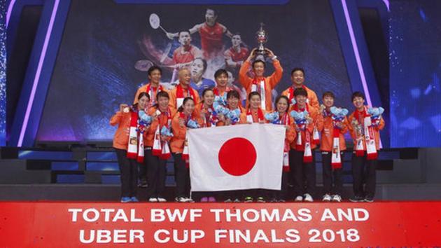 The Japanese badminton team celebrates after winning the Uber Cup in Bangkok on Saturday.(AP) The Japanese badminton team celebrates after winning the Uber Cup in Bangkok on Saturday.(AP)