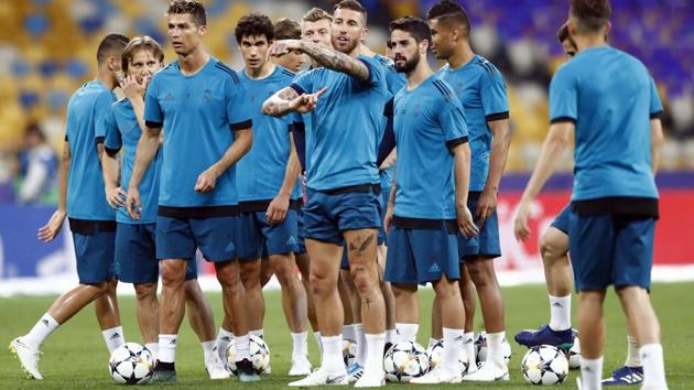 Real Madrid players line up for shooting practice during a training session at the Olimpiyskiy Stadium in Kiev, Ukraine. (AP) 