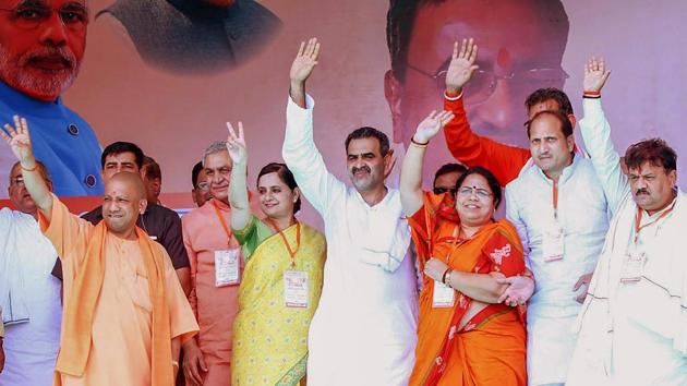 Uttar Pradesh chief minister Yogi Adityanath with BJP’s Kairana candidate Mriganka Singh and other party leaders during a rally ahead of Kairana assembly bypolls, in Shamli on Thursday. (PTI Photo) Uttar Pradesh chief minister Yogi Adityanath with BJP’s Kairana candidate Mriganka Singh and other party leaders during a rally ahead of Kairana assembly bypolls, in Shamli on Thursday. (PTI Photo)