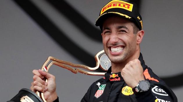 Red Bull’s Daniel Ricciardo celebrates winning the Formula One Monaco Grand Prix on Sunday.(Reuters)