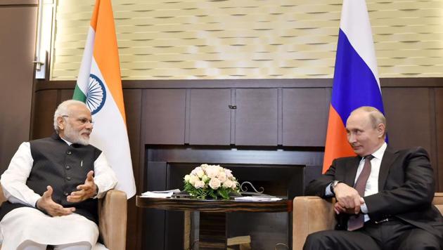 Prime Minister Narendra Modi and Russian President Vladimir Putin speaking during their meeting in Sochi on May 21. (AFP File Photo) Prime Minister Narendra Modi and Russian President Vladimir Putin speaking during their meeting in Sochi on May 21. (AFP File Photo)