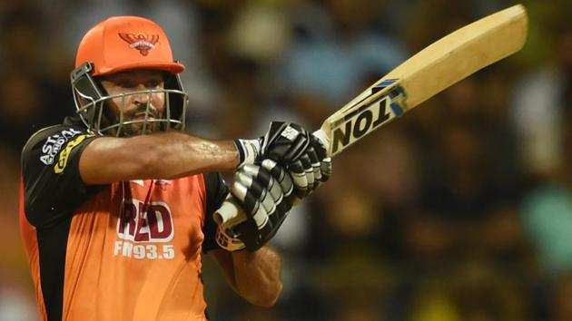 Sunrisers Hyderabad batsman Yusuf Pathan plays a shot against Chennai Super Kings during the IPL 2018 final in Mumbai on Sunday.(PTI)