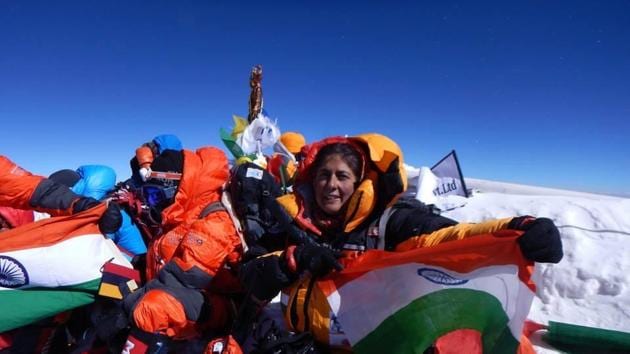 Gurugram resident, Sangeeta Bahl, at the age of 53 became the oldest Indian woman to scale the world’s highest mountain, the 8,848 m-Mount Everest located in Nepal.(HT Photo)