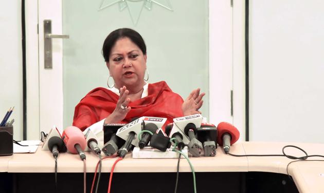 Chief minister Vasundhara Raje holds a press conference in Jaipur on Sunday to congratulate the Narendra Modi government on behalf of the people of Rajasthan. (Prabhakar Sharma/HT Photo) Chief minister Vasundhara Raje holds a press conference in Jaipur on Sunday to congratulate the Narendra Modi government on behalf of the people of Rajasthan. (Prabhakar Sharma/HT Photo)