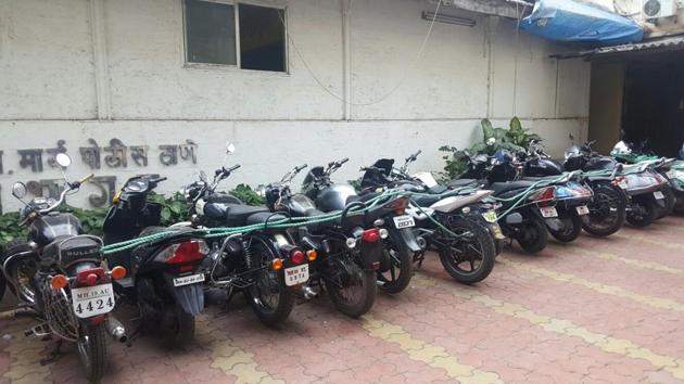 Two members of an alleged gang of two-wheeler thieves were arrested in Jan and 25 stolen bikes were found by the DB Marg police.(HT Photo)