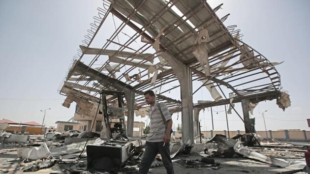 A Yemeni man walks on the rubble of a petrol station after it was hit by Saudi-led airstrikes in Sanaa, Yemen, Sunday, May 27, 2018.(AP) A Yemeni man walks on the rubble of a petrol station after it was hit by Saudi-led airstrikes in Sanaa, Yemen, Sunday, May 27, 2018.(AP)