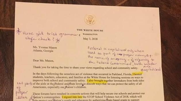 Retired teacher Yvonne Mason posted the letter on Facebook . (Facebook/Yvonne Mason) Retired teacher Yvonne Mason posted the letter on Facebook . (Facebook/Yvonne Mason)