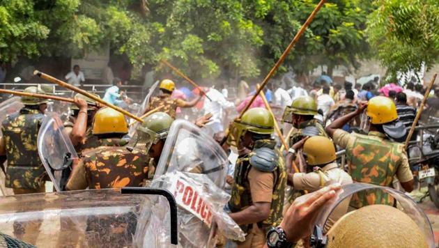 Police personnel baton charge at protestors who were demanding the closure of Vedanta's Sterlite Copper unit, in Tuticorin, on May 23,  2018. (PTI)